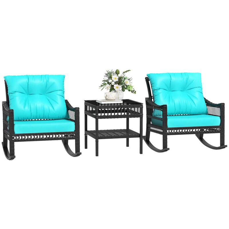 3 Piece Rattan Rocker Chair Set, Outdoor Rocking Chairs, Glass Table