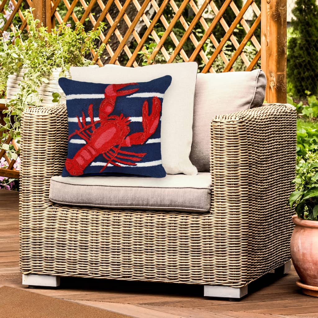 Liora Manne Frontporch Lobster On Stripes Indoor/Outdoor Pillow Navy 18" Square