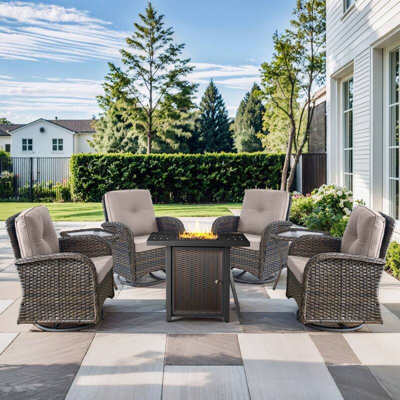 Outdoor Fire Pit Table with Chairs Set - Brwon Wicker Beige Cushion - 7PCS Swivel Chair Table w/ Fire Table