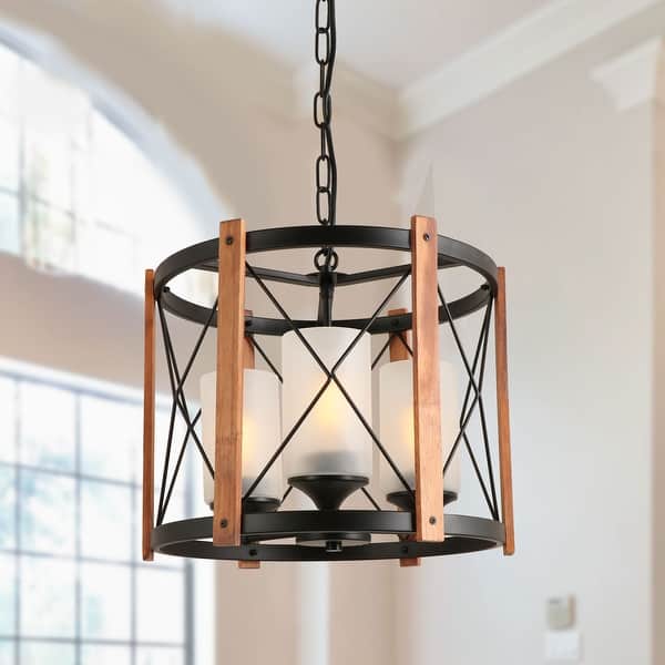 Anmytek Oak Wood Chandelier Round Wood Metal Frame 3 Lights Kitchen