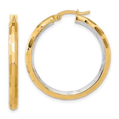 Curata 14k Yellow Gold White Rhodium Polished and Diamond cut Hoop Earrings - 33.5x31.3mm