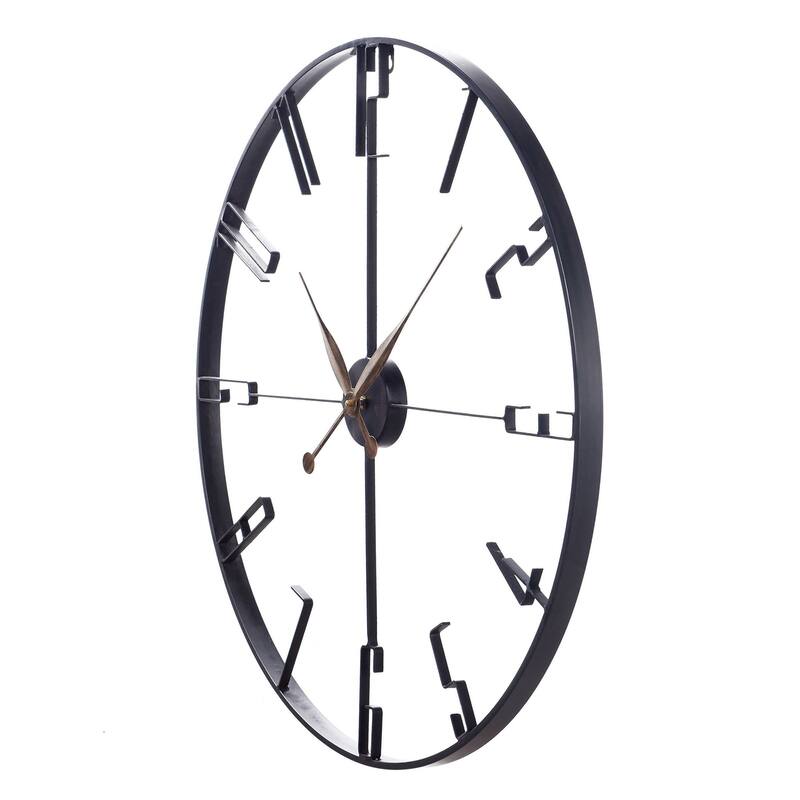 Metal Round Wall Clock - Bronze Accents - Matte Black Finish