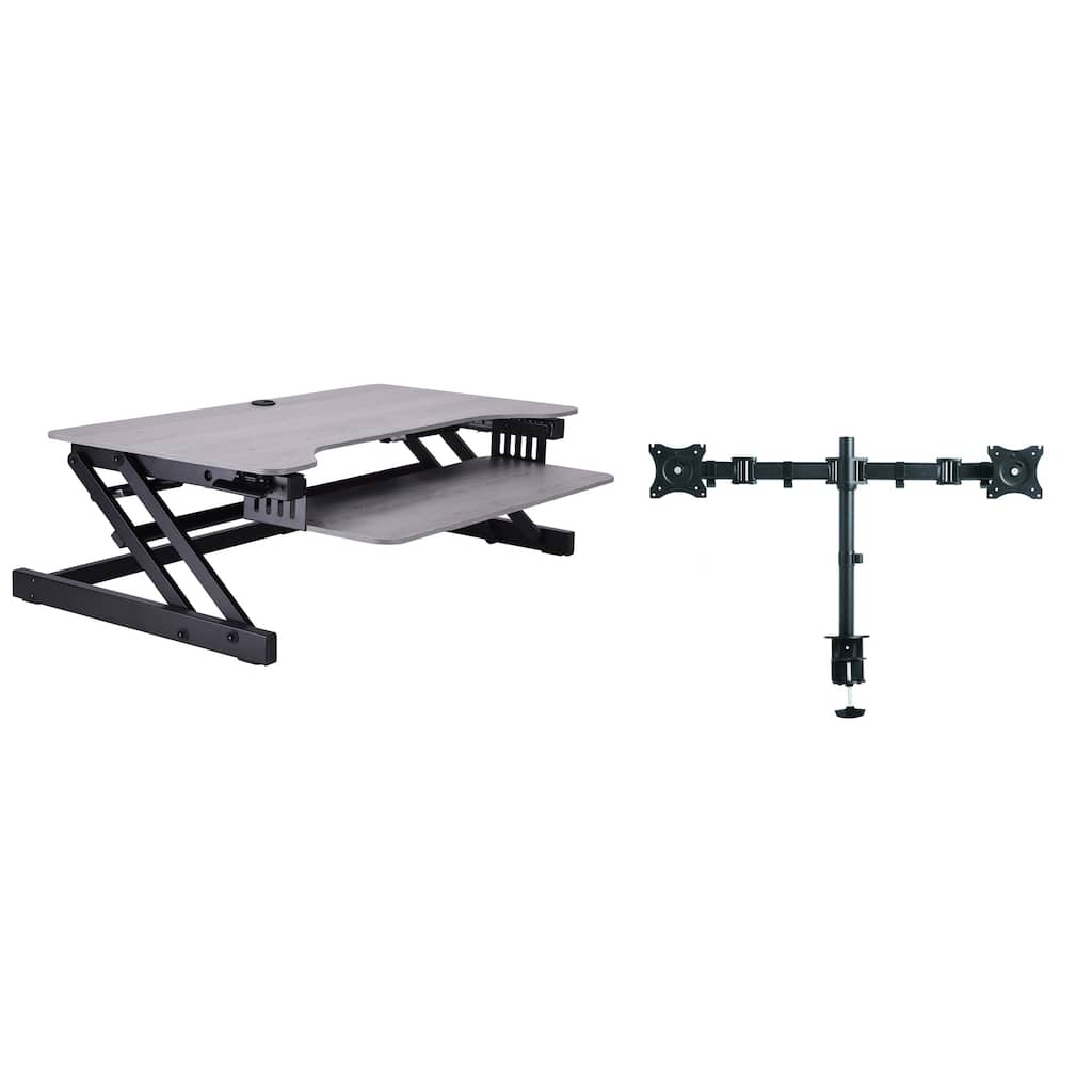 Rocelco 37.5 in. W Gray Height Adjustable Standing Desk Converter with Dual Monitor Mount and Double Screen Riser Platform