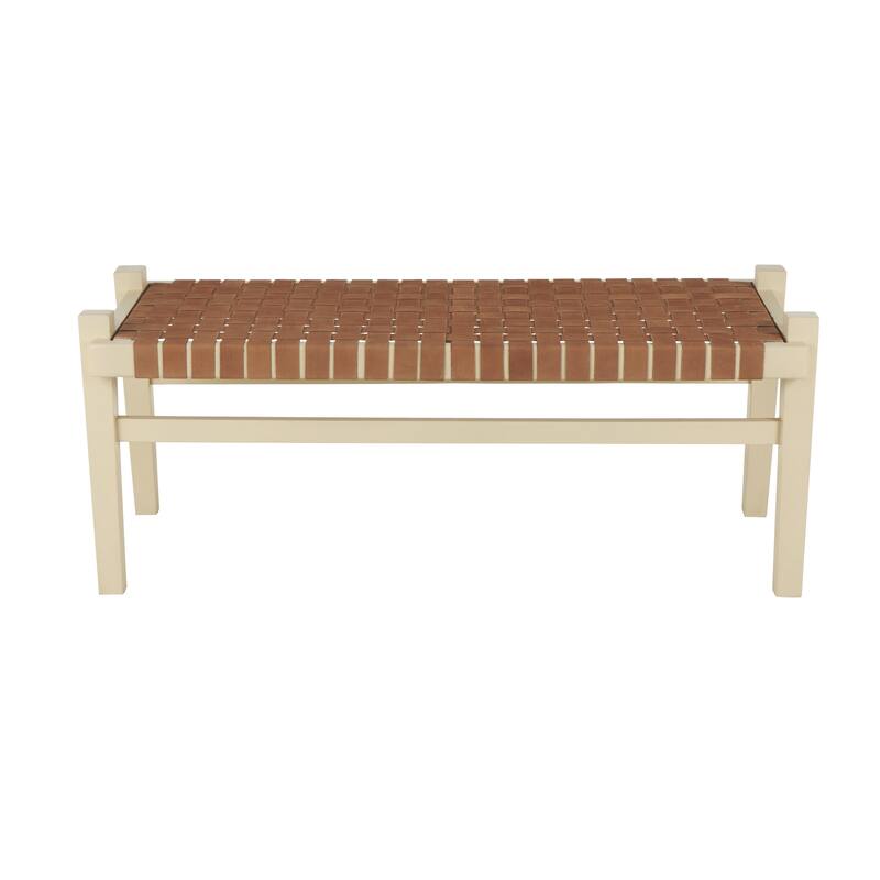 Leather Handmade Woven Seat Home Bench with Beige Wood Base - Brown or Dark Brown - Roche River Decor