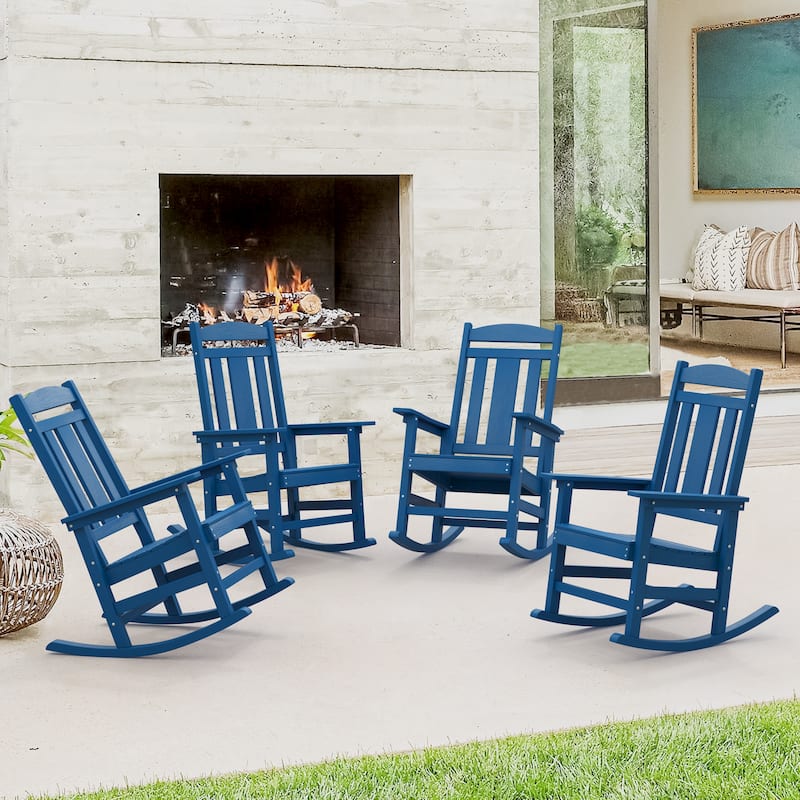 LUE BONA Plastic Outdoor Patio Adirondack Rocking Chairs For Porch Set of 4 - 34.6"D x 28"W x 43.7"H - Blue