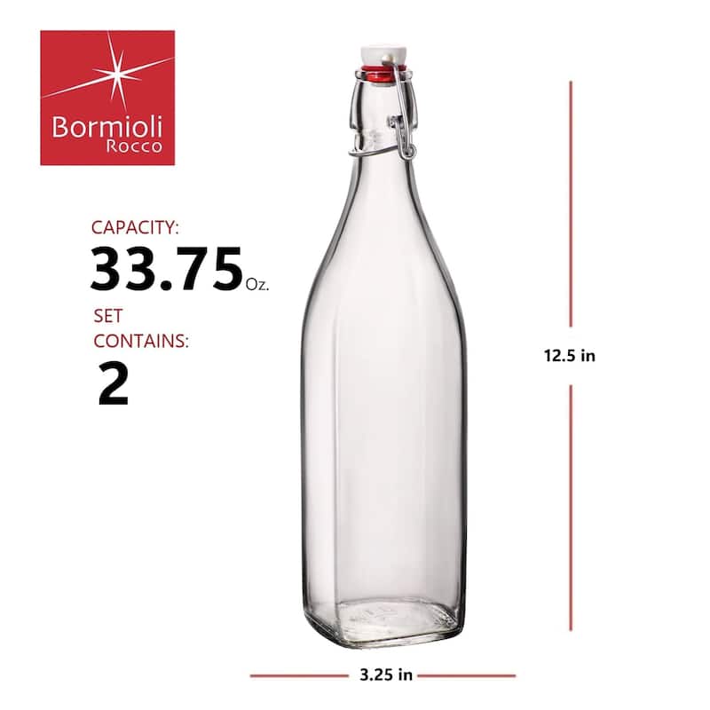 Bormioli Rocco Square Swing Top Glass Bottles With Airtight Hermetic Lid - 33.75 oz