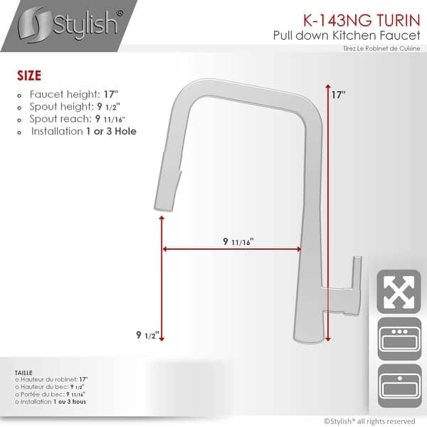 dimension image slide 1 of 2, STYLISH Kitchen Sink Faucet Single Handle Pull Down Dual Mode Lead Free - Faucet Height: 17" | Spout Height: 9 1/2"