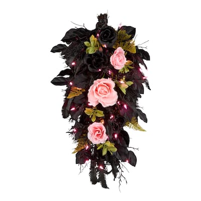 National Tree Company 26" Artificial Cute and Creep Halloween Swag, 30 Pink LED Lights, Battery Operated - 26 in