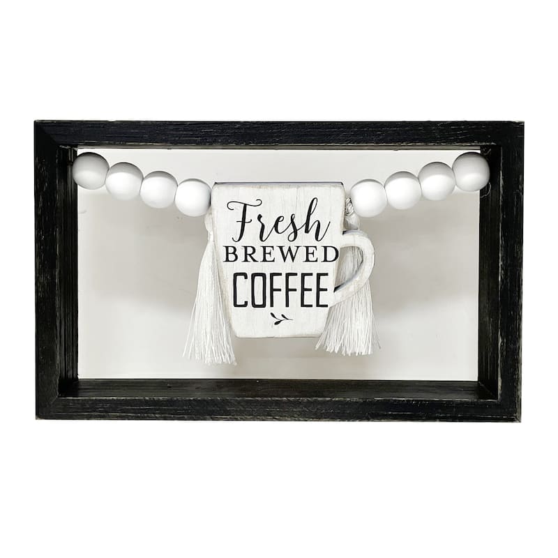 Fresh Brewed Coffee Wood Tabletop Sign with Wood Beads and Tessel Details