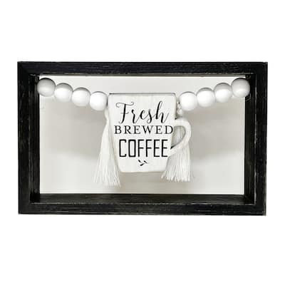 Fresh Brewed Coffee Wood Tabletop Sign with Wood Beads and Tessel Details