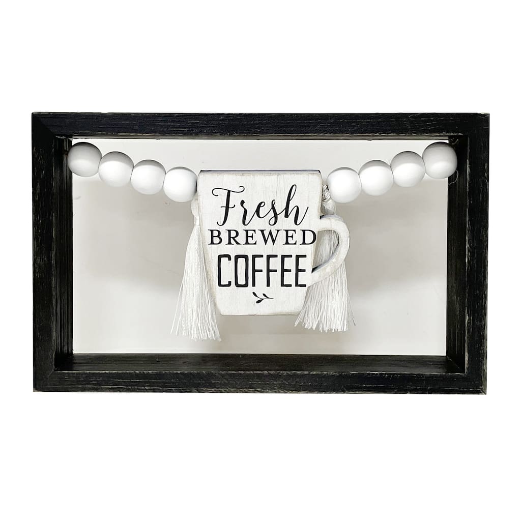 Fresh Brewed Coffee Wood Tabletop Sign with Wood Beads and Tessel Details