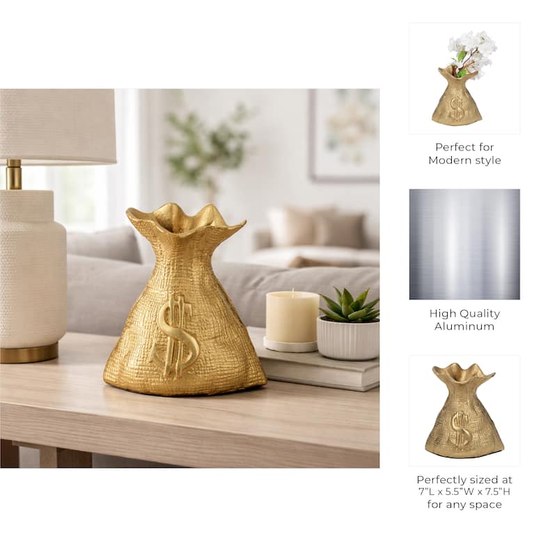 Modern Metal Money Bag Figurine Sculpture - 8", Gold & Metallic - 7.25"