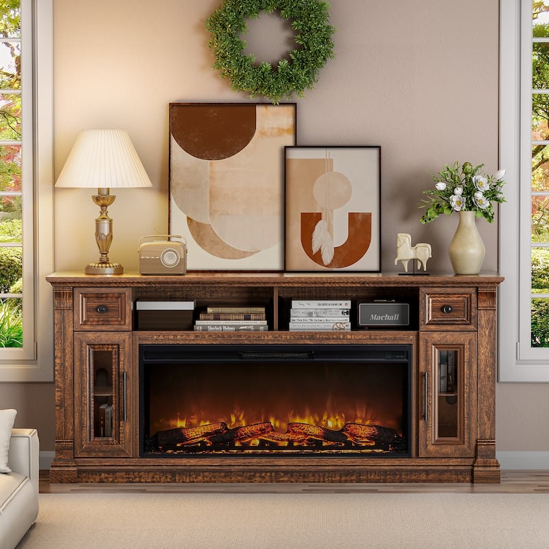 Fireplace TV Stand for 80" TV, Entertainment Center with LED Lights - Brown