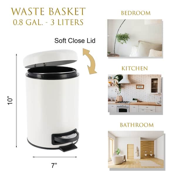 Evideco Soft Close Small Round Metal Bathroom Floor Step Trash Can White - 3 liters - 0.8 gal.