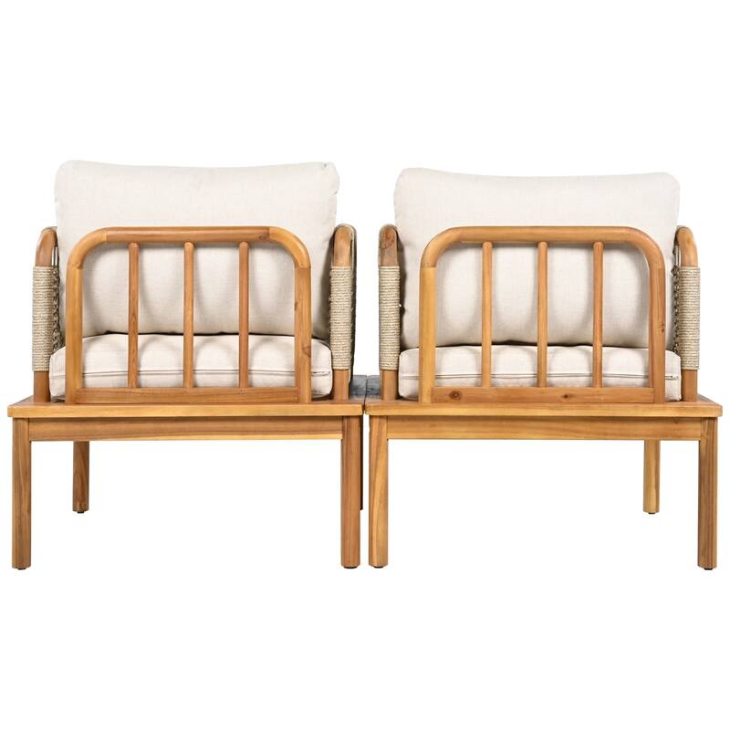 Set of 2 Outdoor Acacia Wood and Rope Club Armchairs with Cushions - 2-Piece