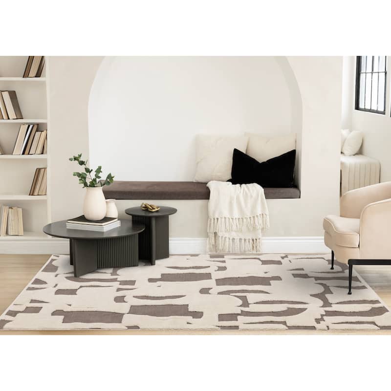 Taupe White Abstract Geometric Shapes Rug
