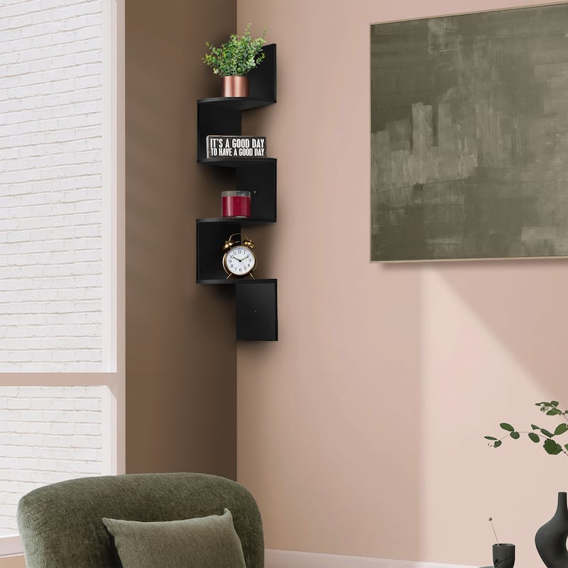 Sorbus 5-Tier Zig Zag Geometric Corner Wall Book Shelf Unit, Decorative Floating Wall Shelf