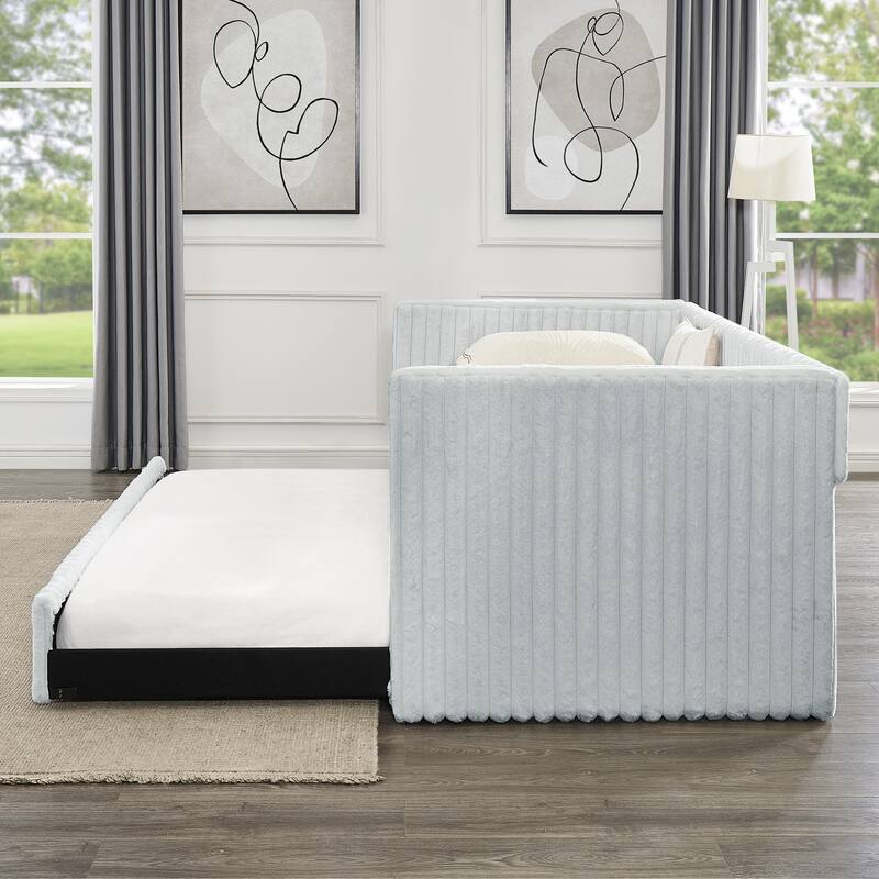 Twin Upholstered Daybed with Pull-Out Trundle, Modern Striped Corduroy Fabric Sofa Bed with Armrests, Space-Saving Sleeper