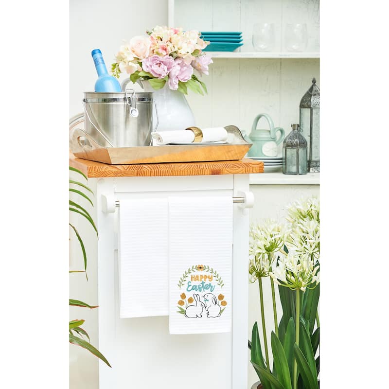 Happy Easter Bunnies Embroidered Cotton Waffle Weave Kitchen Towel