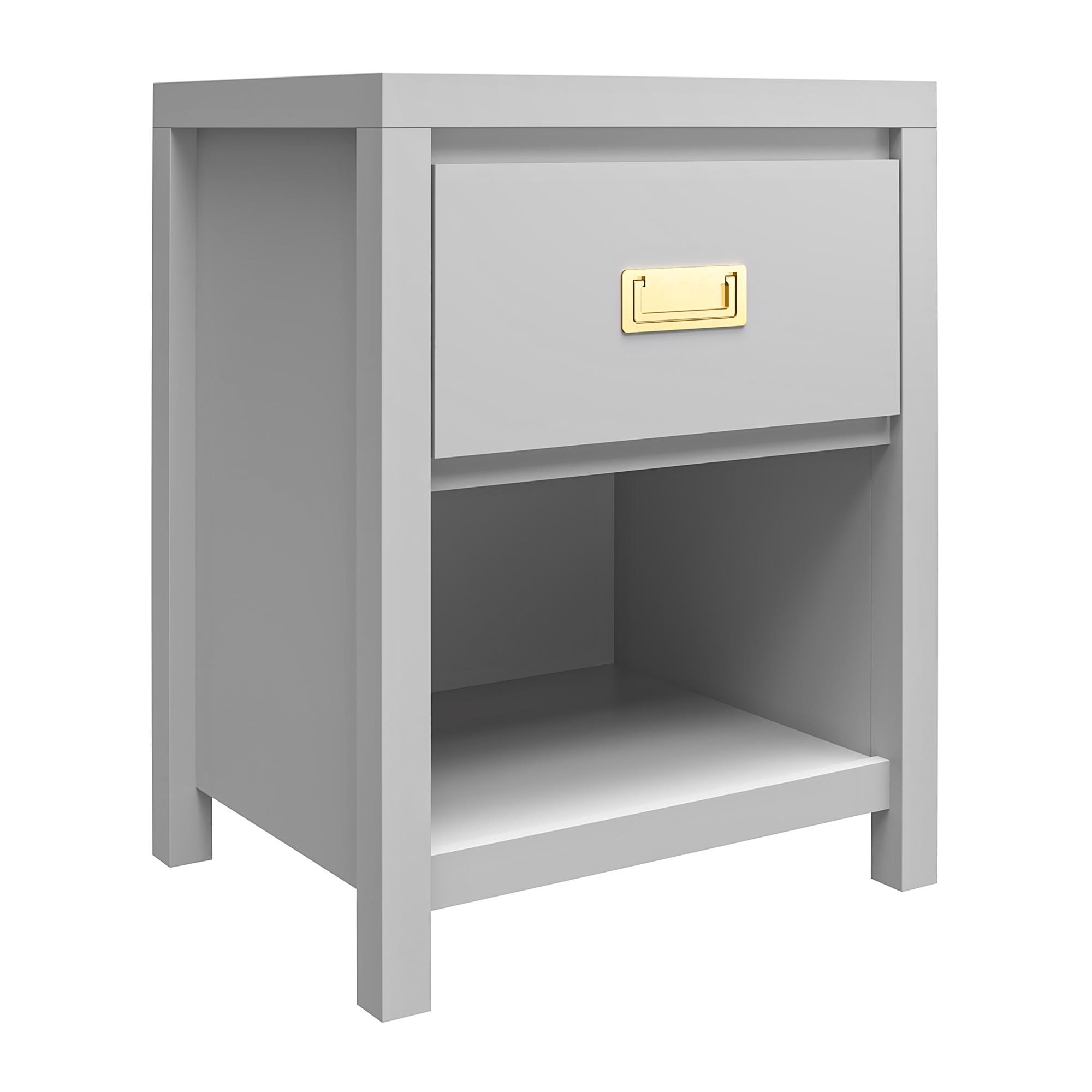 Light gray bedside table with a single drawer and open lower shelf, brass handle