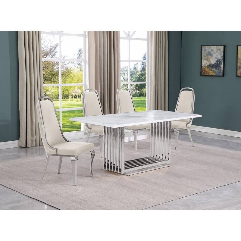 Best Quality Furniture D310/1-SC310-7 Dining Set with 68" White Marble Top - 5-Piece - Cream / Silver