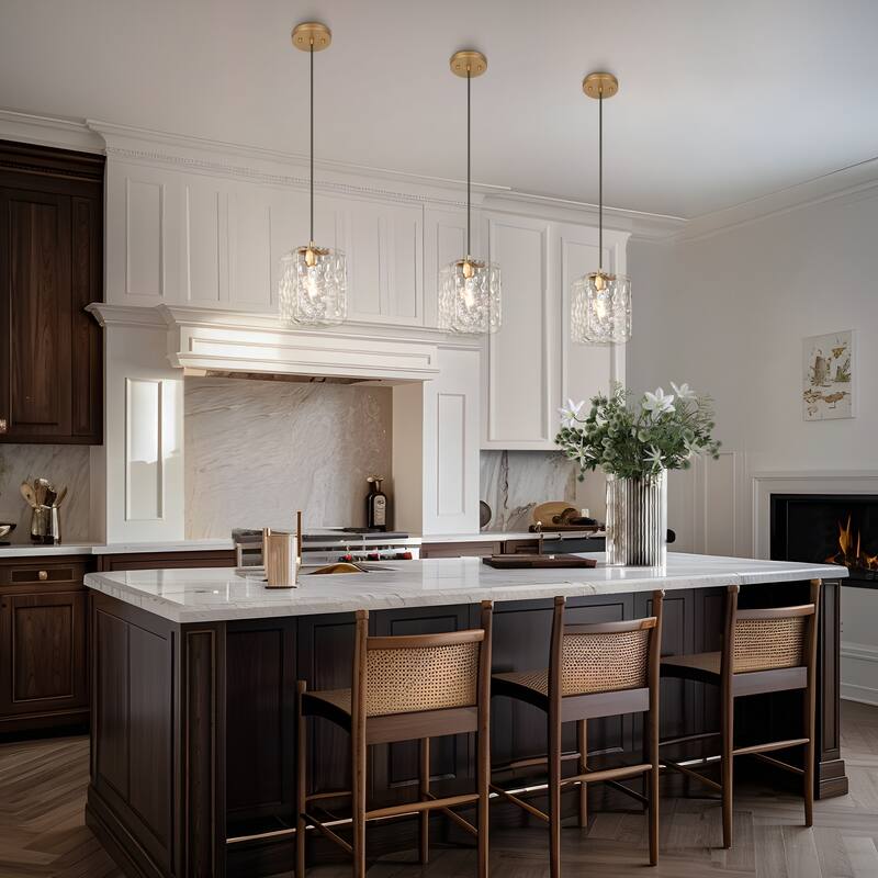 Modern 1-Light Stain Gold Textured Glass Pendant Light Fixture Rectangular Shade Kitchen Island Light for Dining Room
