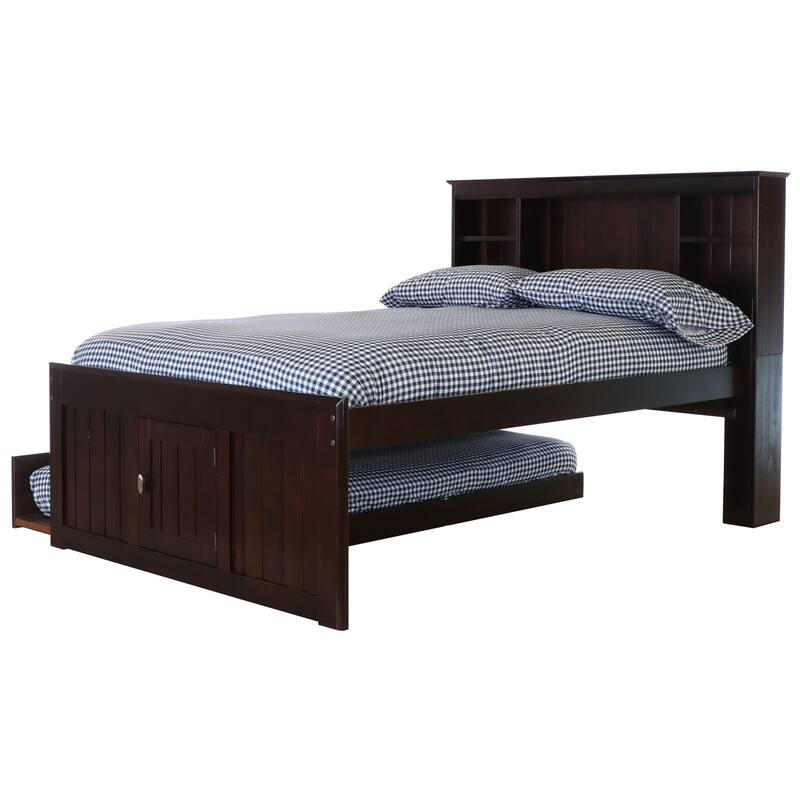 Full Size Bookcase Bed with Trundle - 3 Drawers, Dark Espresso Finish - Space Saving Bed Frame