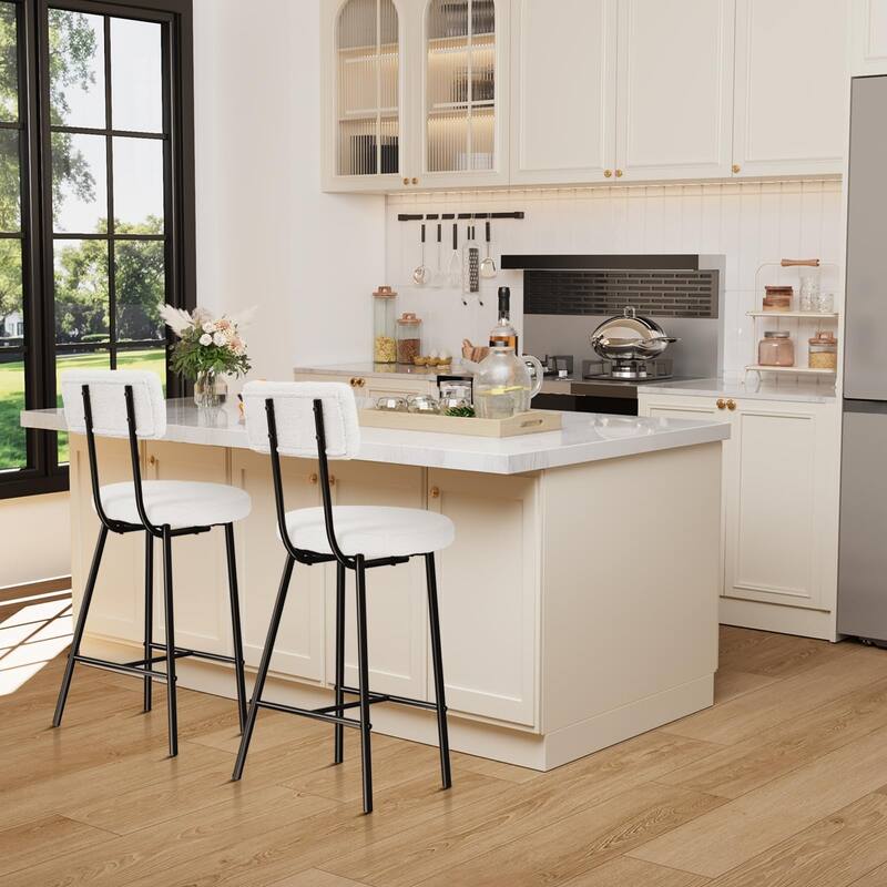 Boucle Upholstered Bar Stools Set of 2, Modern Counter Height Bar Chairs with High Back, Footrest and Metal Leg