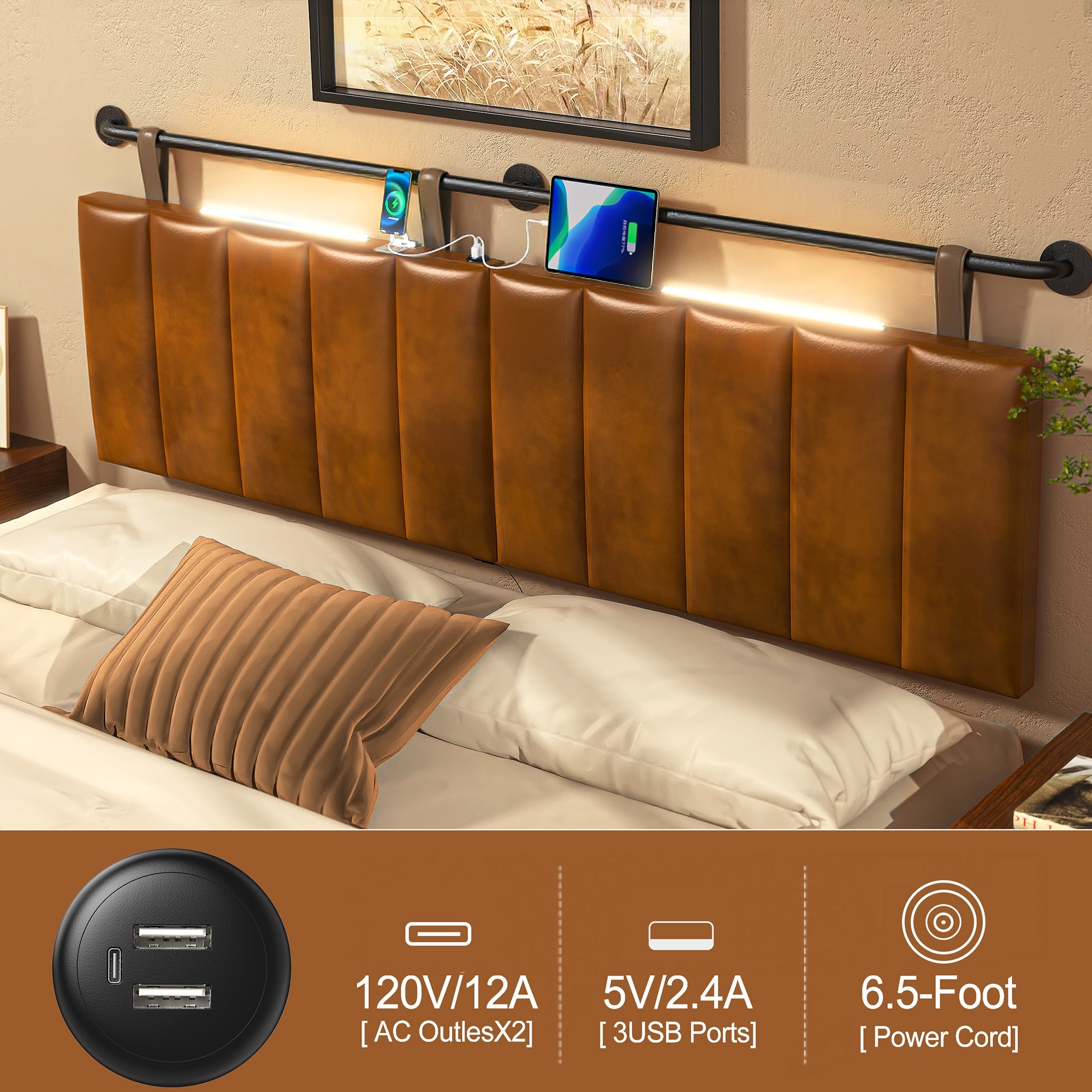 Wayna Wall Mounted Headboard with USB Ports and LED Lights-image
