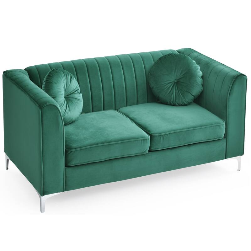 Velvet Microsuede Channel Tufted Loveseat with Throw Pillows - 65" - Green