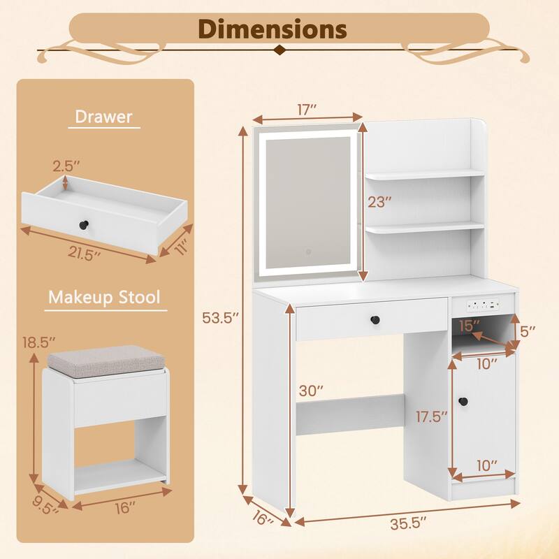 White Vanity Table with Lighted Mirror and Cushioned Stool Drawer Cabinet and Charging Station - 35.5" x 16" x 53.5"