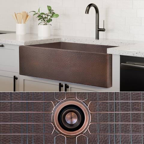 Fossil Blu 33-Inch Heavy 12-GAUGE Dark Patina Copper Farmhouse Sink, Includes Accessories, Flat Front - 33 x 22 x 10