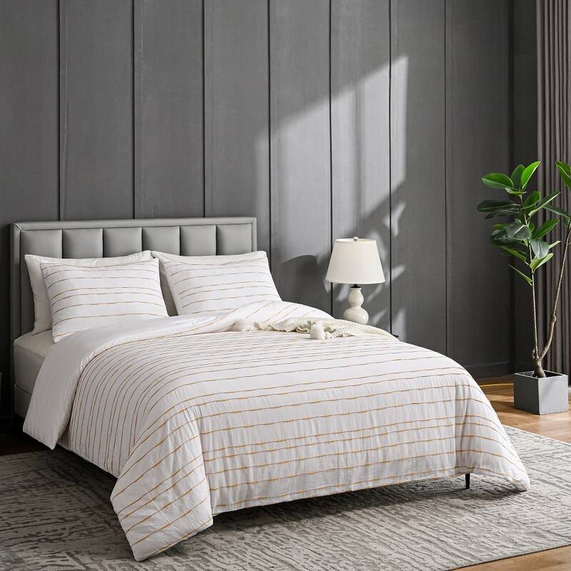 WHOLINENS Washed Cotton Yarn Dyed Stripe Duvet Cover Set 3Pcs
