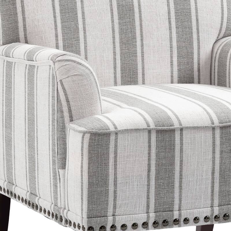 Striped Upholstered Linen Armchair with Brass Nailhead Trim