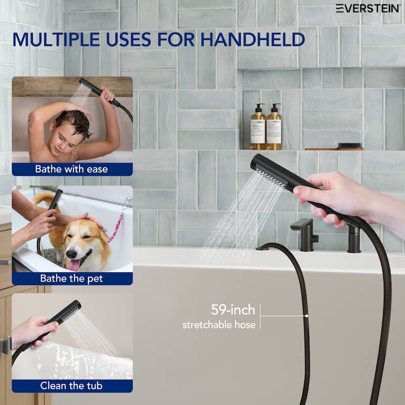 Modern Tub Filler with Hand Sprayer Deck Mount Tub Faucet with Hand Shower 3 Holes Bathtub Faucet Brass