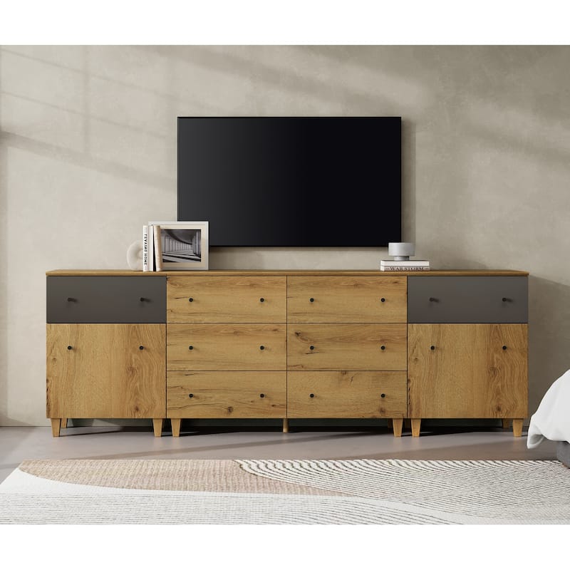 3-in-1 TV Stand Cabinets with Doors and Drawers for 100 Inches TVs - Oak Brown