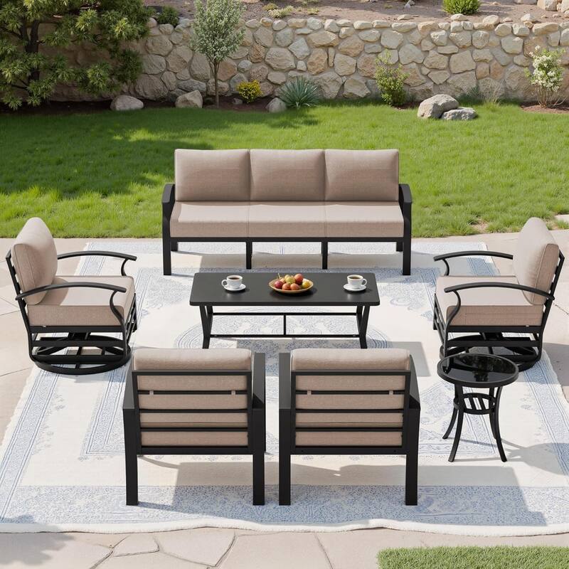 Kullavik Aluminum Outdoor Patio Sectional Sofa Set with Swivel Rocking Chairs and Coffee Table - Sand - 7-Seats-Rectangular Table