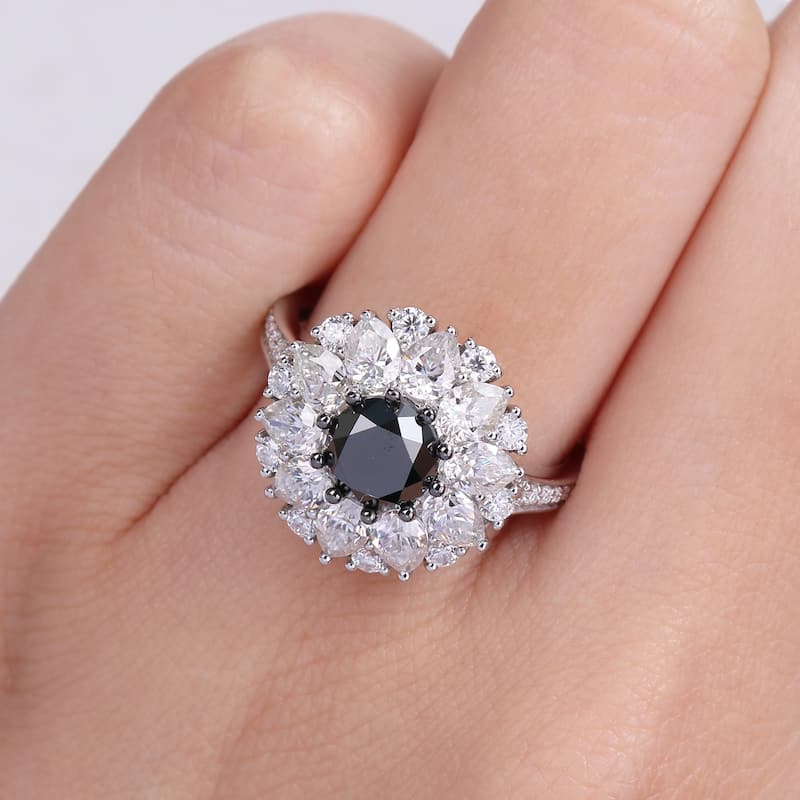 Miadora 10k White Gold 1 1/2ct TDW Black Diamond & Created White Moissanite Halo Engagement ring
