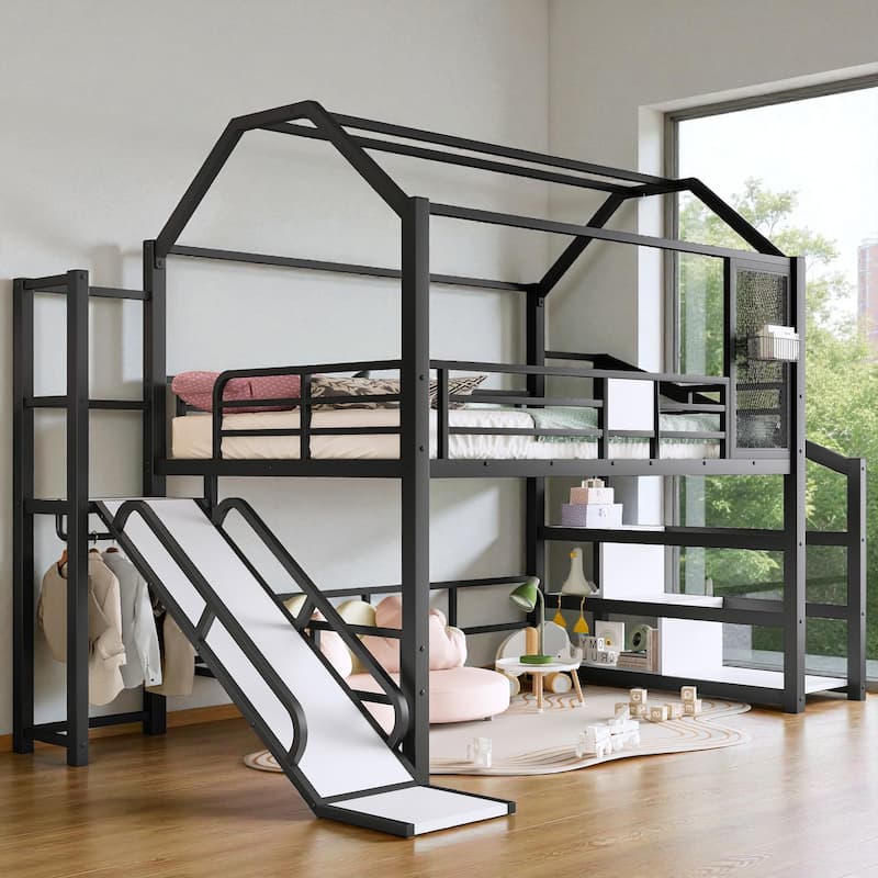 Twin/Full Metal House Loft Bed with Slide and Stairs, Kids Playhouse Bed with Roof, Storage Shelves & Guardrails