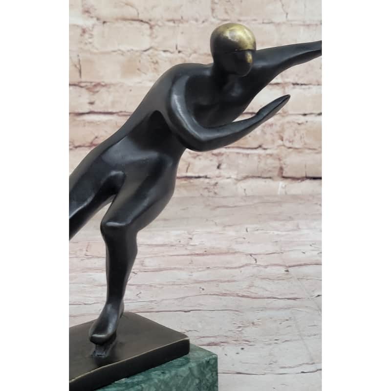 Abstract Modern Art Ice Skater Bronze Sculpture Green Marble Base Figurine Figure