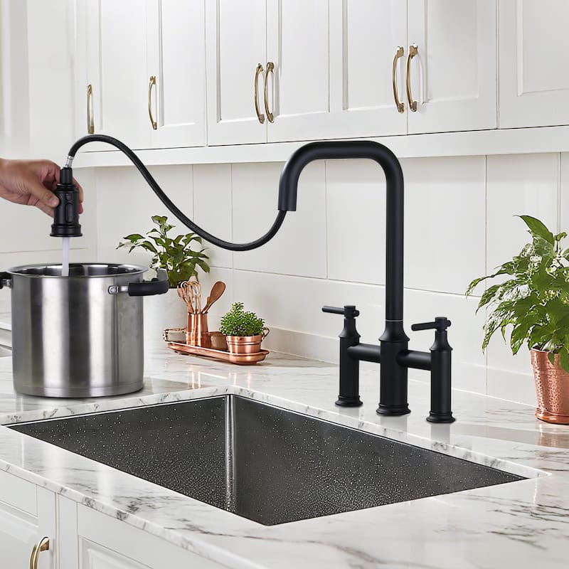 WOWOW Double Handle Bridge Kitchen Faucet with Advanced Spray
