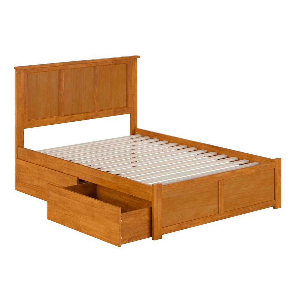 Madison Full Solid Wood Platform Bed with Footboard & 2 Storage Drawers in Light Toffee