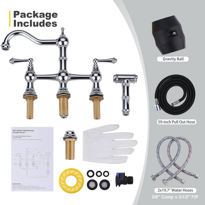 WOWOW Double Handle Bridge Kitchen Faucet with Side Sprayer