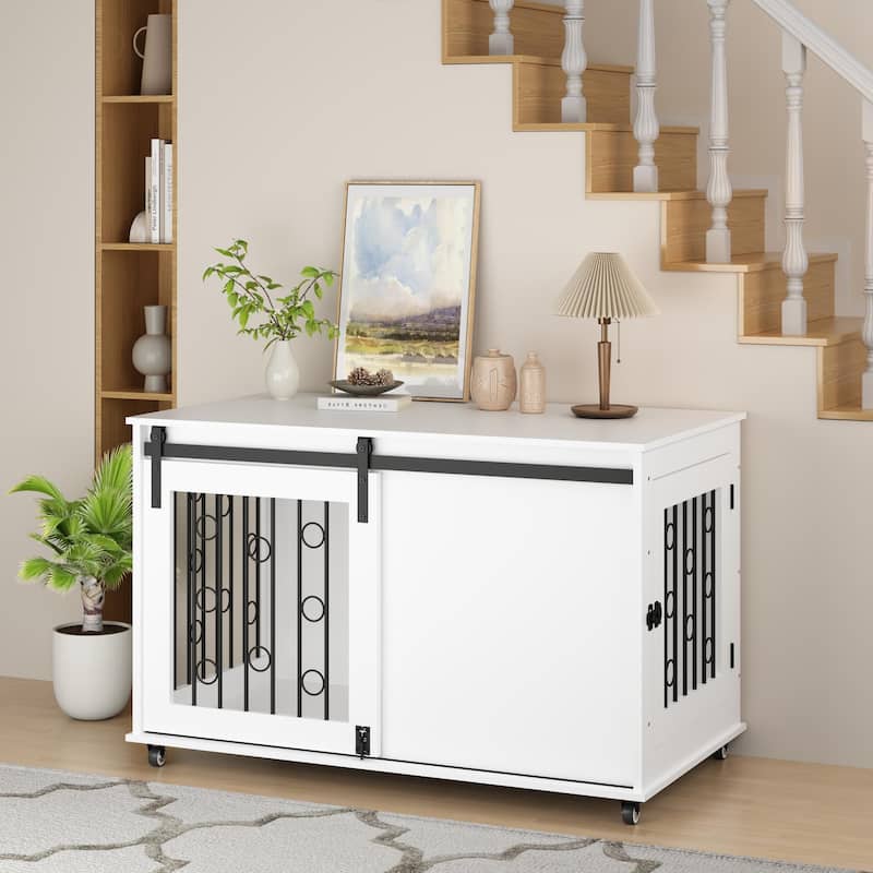 39.37" Wooden Dog Crate Furniture with Sliding Barn Door and Side Door, Indoor Dog Kennel End Table for Small to Medium Dogs