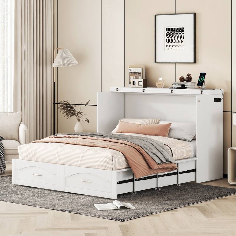 Queen Size Multi-Function Murphy Bed with USB Ports & 2 Drawer, Pulley Structure Design Space-Saving Foldable Wall Bed, White - White - Queen
