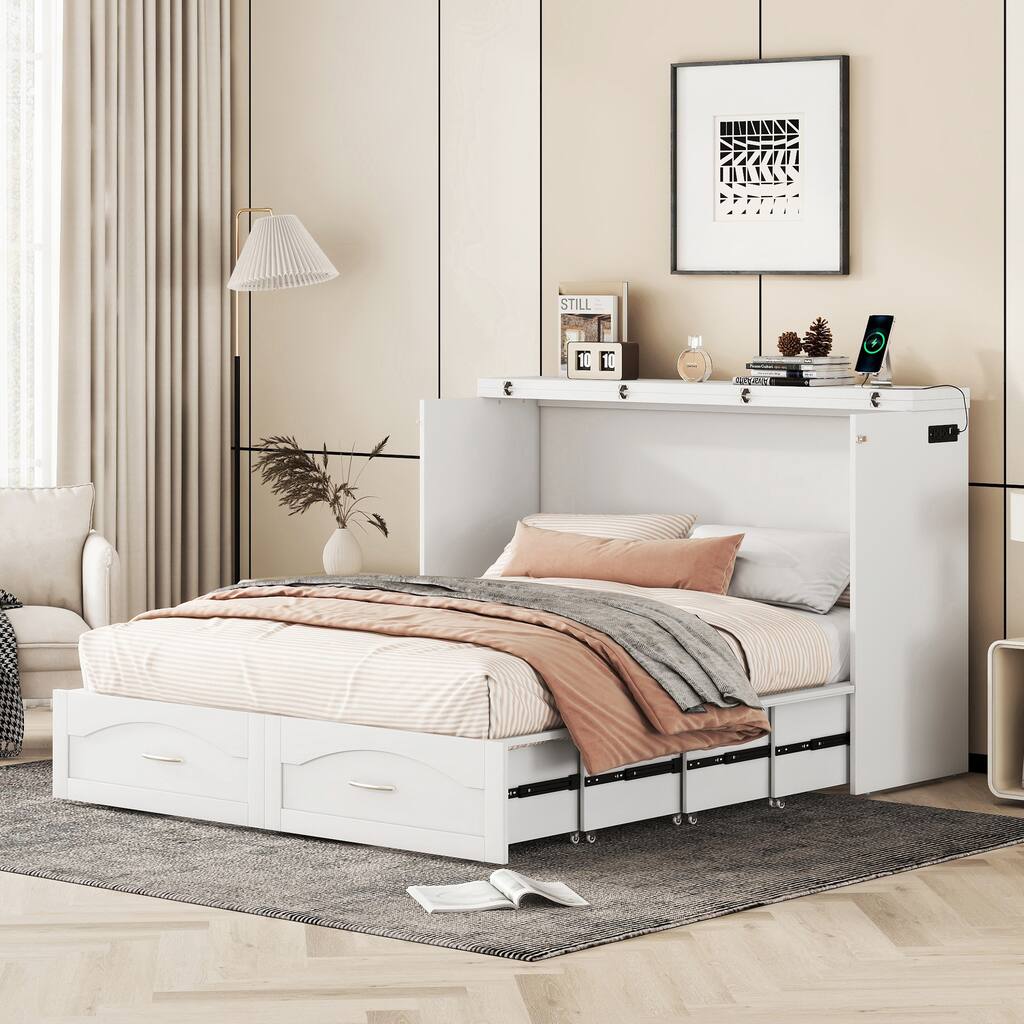Queen Size Murphy Wall Bed with Drawers, USB Ports & Sockets, Pulley System, Space-Saving Cabinet Design