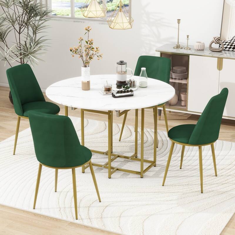 Space-Saving 5-Piece Extendable Kitchen Dining Table Set for Small Spaces - Round Faux Marble Top with Golden Frame - White+Green