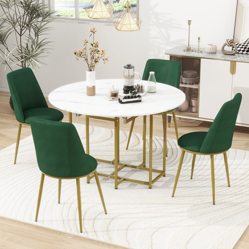 Space-Saving 5-Piece Extendable Kitchen Dining Table Set for Small Spaces - Round Faux Marble Top with Golden Frame