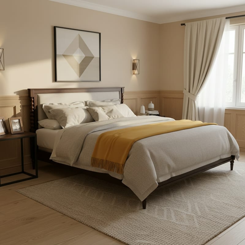 Christopher Knight Home - Traditional Wooden Platform Bed with Upholstered Headboard and Spindle Accent Design