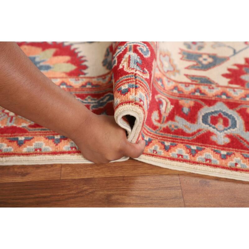 Blue Geometric Kazak Area Rug Hand-Knotted Oriental Wool Carpet - 4'11" x 6'7"